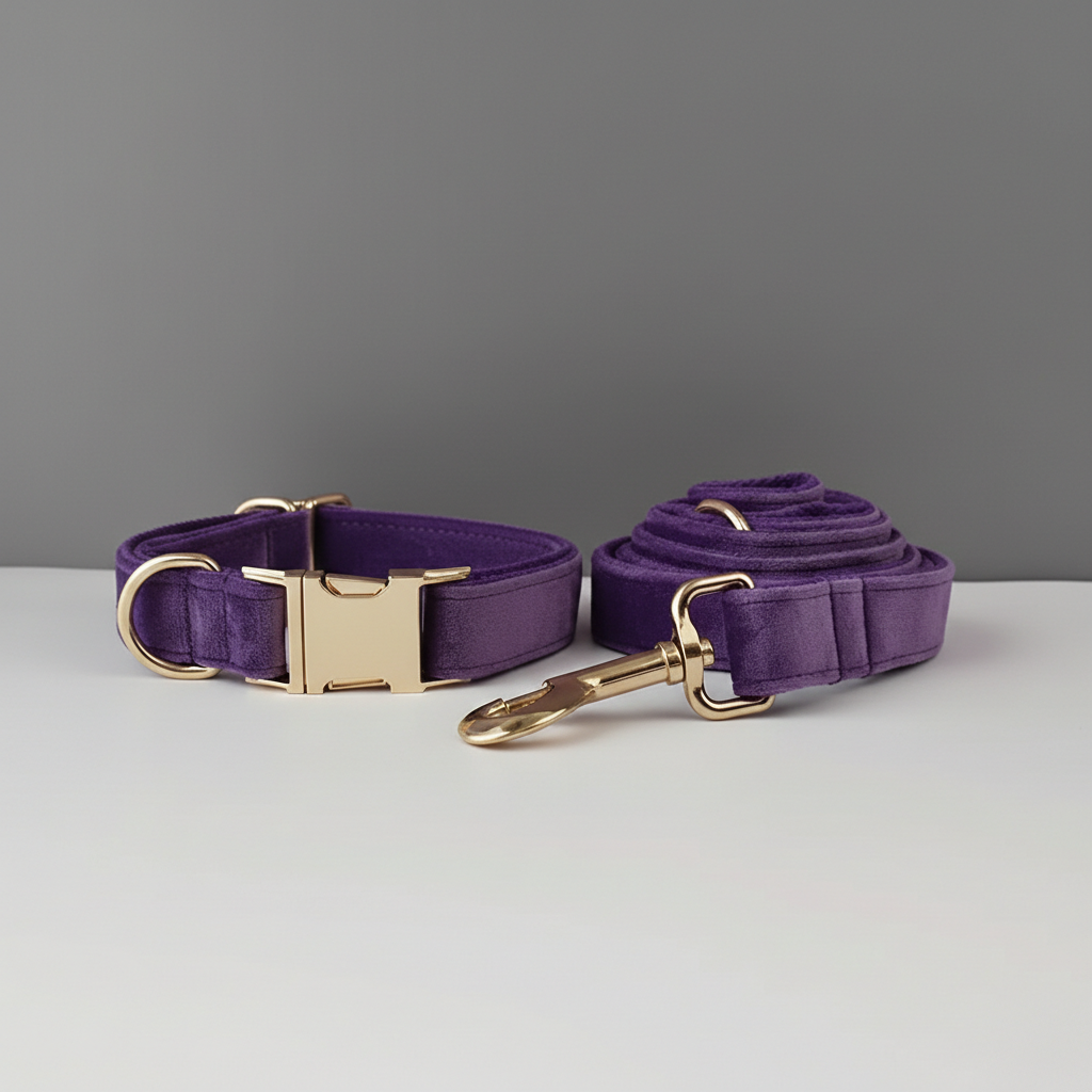Purple dog collar and leash with gold hardware on a gray background