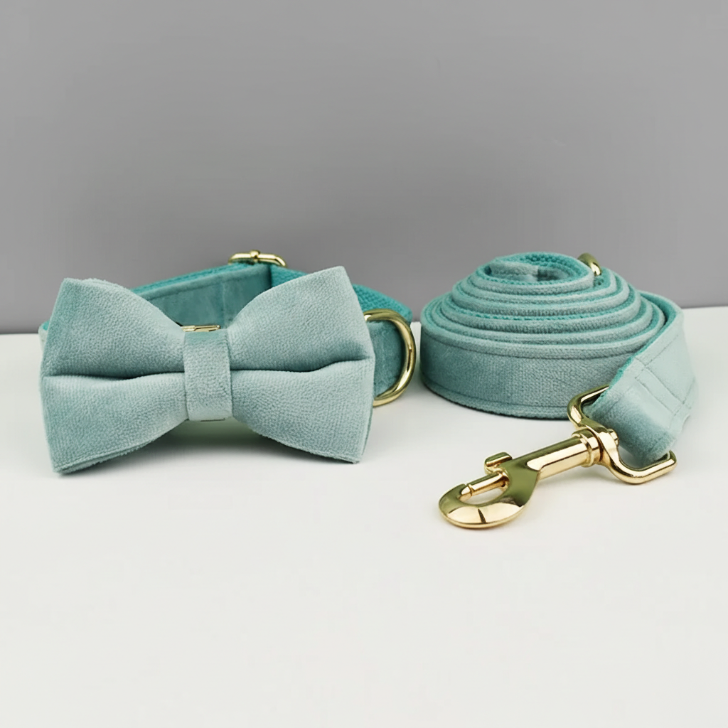 Teal dog bow tie and leash set on a gray background