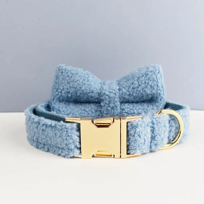 Light blue dog collar with a gold buckle on a white surface.