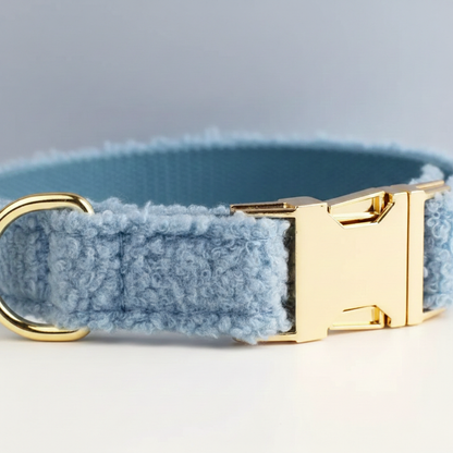 Blue dog collar with a gold buckle on a light gray background