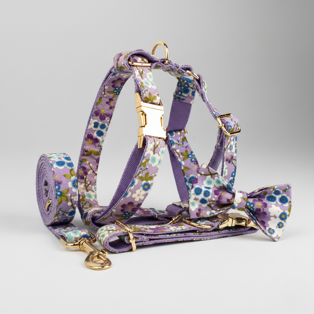 Purple floral dog harness, leash, and bow tie set on a gray background
